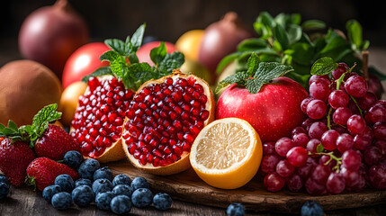 An Inviting Festive Table Presenting a Colorful Array of Fruits for Sukkot Celebrations with Space for Personalization