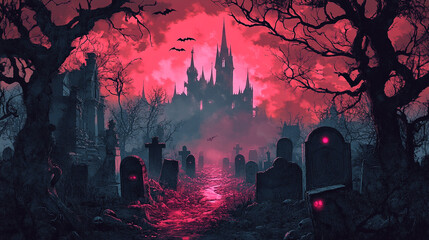 Fototapeta premium Spooky Graveyard with Haunted Castle at Dusk