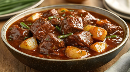 Hearty Beef Stew Brimming With Seasonal Vegetables Captured In A Warm Dining Setting