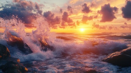 Fototapeta premium Dramatic sunset over the ocean with crashing waves on the rocky shore.
