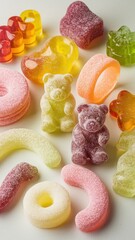 Colorful gummy candies scattered on a white background, vibrant and sweet