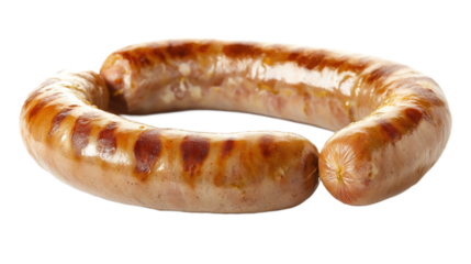 Single uncooked sausage on white surface, light brown color, made from ground meat. Sausage positioned in center of frame, blurred background draws focus to sausage. Transparent isolated alpha mask.