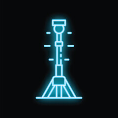 Glowing blue neon icon representing a lighting tree on a tripod, radiating light beams, isolated on a black background