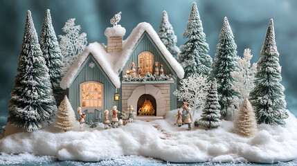 Naklejka premium A Delightsome Winter Scene of a Cozy Cabin Surrounded by Magical Snow-Covered Trees and Enchanting Holiday Decorations