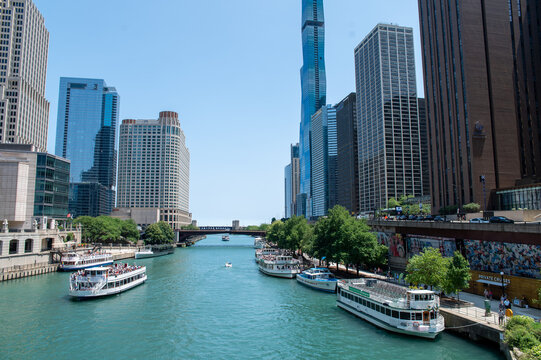 riverview of the riverwalk and skyline of chicago