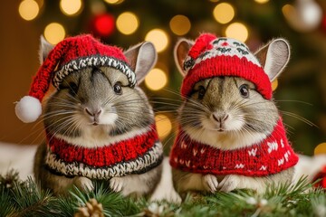 Two cute chinchillas wearing red christmas costumes are posing near a decorated christmas tree with warm lights in the background, creating a festive and adorable scene