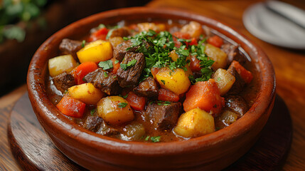 An Inviting Bowl of Rich Beef Brisket Stew, Decorated with Fresh Vegetables and Parsley in a Serene Restaurant Setting