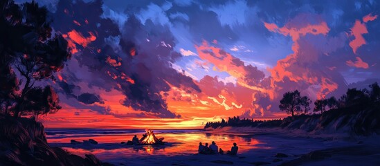 A group of people sit around a campfire on a beach at sunset.