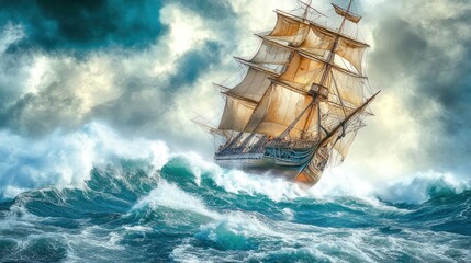 A majestic sailing ship braves a stormy sea, its sails billowing in the wind as it navigates through towering waves.