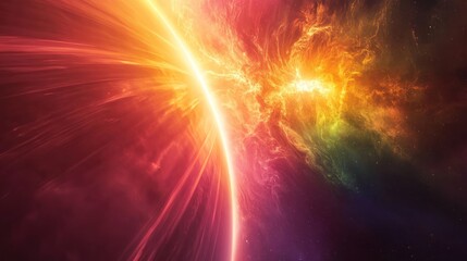 Obraz premium A vibrant cosmic landscape with a bright yellow light emanating from the horizon, surrounded by a colorful nebula.