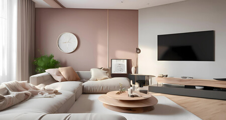 A cozy living room featuring a large TV mounted on the wall and a comfortable couch for relaxation.