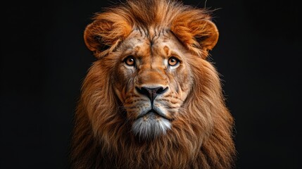 Muzzle of a big fluffy red lion on a black background