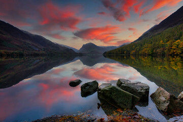 Beautiful sunrise at the Buttermere lake in the Lake District National Park. England, UK