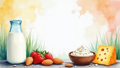 Illustration with copy space in the middle, surrounded with dairy-free alternatives almond milk, oat yogurt, and vegan cheese