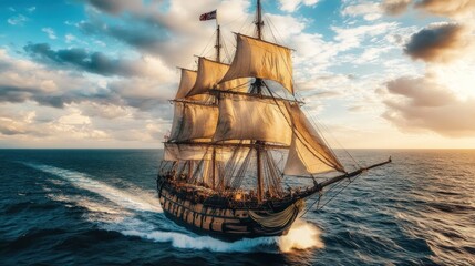 A majestic sailing ship with billowing sails cuts through the waves at sunset, leaving a wake behind it.