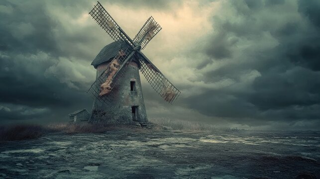 A weathered windmill stands alone in a desolate landscape under a stormy sky.
