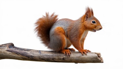 Obraz premium Full-body side view of a squirrel, perched on a natural wood surface