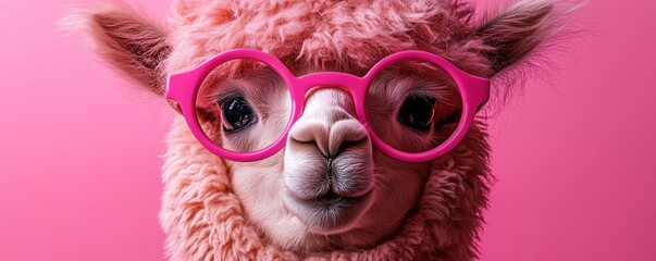 Obraz premium Cute alpaca wearing oversized pink glasses in a vibrant setting