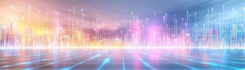 Fototapeta premium Explore the vibrant cityscape illuminated by neon lights and digital technology at dusk
