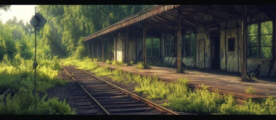 Abandoned train station overgrown with vegetation, with a single set of tracks leading into the distance.