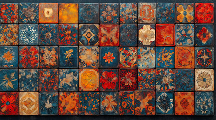 Vibrant Indian-Inspired Geometric Pattern: A Colorful Array Of Squares, Triangles, Circles, Flowers, Leaves, And Vines In Traditional Hues Of Red, Orange, Blue, Green, Purple, Gold, And Bronze, Featur
