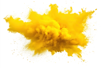Vibrant explosion of yellow, orange particles against isolated background. Particles scattered at various distances, creating movement, energy. Unique perspective from slightly elevated angle. Offset