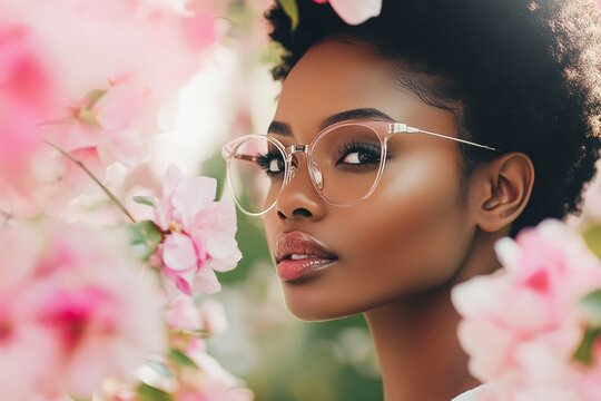 eyewear frames collection fashion, beautiful diverse  woman wearing glasses in spring blooming park - optics salon poster