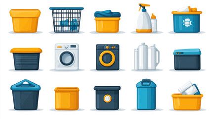 This collection features laundry bins, cleaning products, and a washing machine arranged neatly, showcasing a vibrant and organized setup