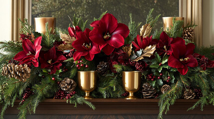 Festive Christmas Mantel Decor with Red Amaryllis  Pine  and Gold Accents
