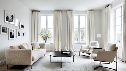 Fototapeta premium Minimalist, scandinavian home interior design of modern stylish living room with plush boucle sofas and black round coffee tables.