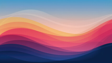 Obraz premium A vibrant, abstract wave pattern showcasing a gradient of warm hues, including pink, orange, and blue, creating a serene and dynamic visual atmosphere.