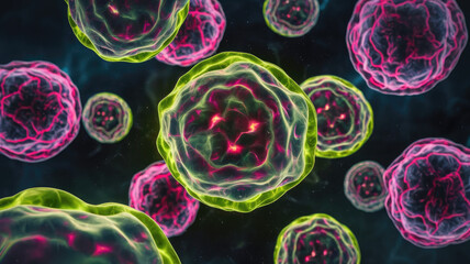 Colorful microscopic view of glowing cells, showcasing vibrant green and pink hues against a dark background, evoking a sense of intrigue and scientific exploration.