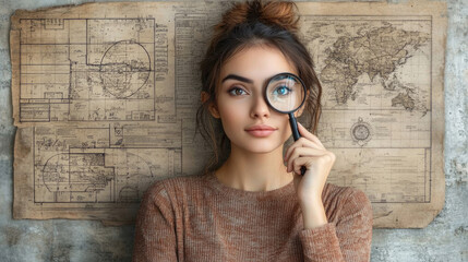 A young woman holds a magnifying glass up to her eye, studying a vintage map on a weathered wall, highlighting her inquisitive nature