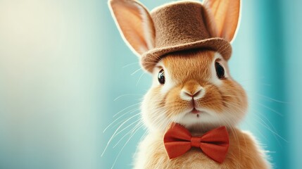 Charming rabbit wearing a vintage top hat and red bow tie against a blue background, exuding elegance and style