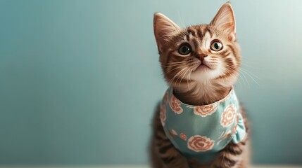 Cute kitten wearing a floral bandana sits against a soft background, exuding charm and innocence with copy space