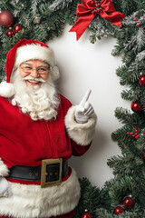 A Classic Portrait of Santa Claus Pointing Upward, Framed by Evergreen Branches, Red Ornaments, and a Beautiful Red Bow in Perfect Christmas Composition