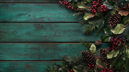 Rustic Green Wooden Background with Christmas Greenery and Berries