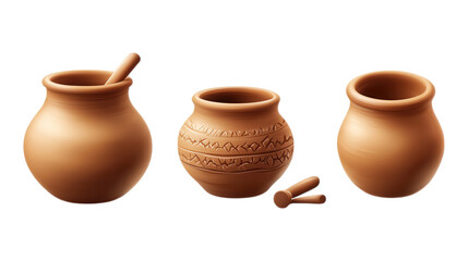Collection of pottery pieces , featuring various shapes and decorative patterns, isolated on transparent PNG background