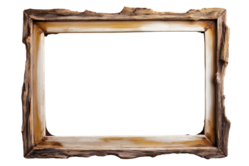 Rectangular wooden frame with distressed finish in warm brown color. Light gray background highlights frame details. Slightly tilted frame adds dynamic element to composition. Transparent isolated.