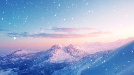 Fototapeta premium Soft snowfall drifting over a scenic, snow-capped mountain landscape, with the sky transitioning from deep blue to pastel hues as dawn breaks