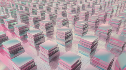 Obraz premium A mesmerizing array of metallic cubes arranged in a grid pattern, reflecting soft pink and blue hues, creating a dreamy, futuristic ambiance.