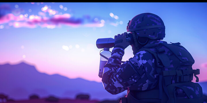A camouflaged soldier surveying the barren landscape through military-grade binoculars.