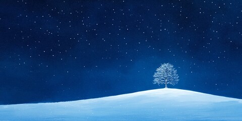 A snowy hill with a single pine tree in the distance under a deep blue, starry sky, giving an enchanting winter night feel