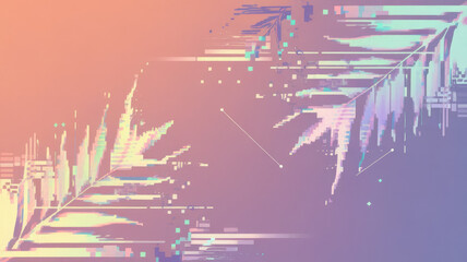 Abstract digital artwork featuring glitch effects and colorful palm fronds, creating a vibrant blend of pastel hues and sharp geometric shapes.
