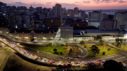 Porto Alegre Skyline At Porto Alegre In Rio Grande Do Sul Brazil. Sunset Landscape. Downtown District. Traffic Avenue. Porto Alegre Skyline At Porto Alegre In Rio Grande Do Sul Brazil. 