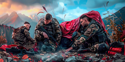 A group of soldiers strategize beneath a tattered camouflage net, surrounded by combat gear and rations. Mountain Ridge Assault