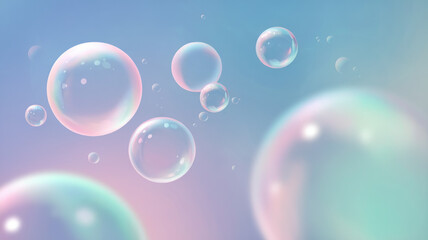 A dreamy composition of iridescent soap bubbles floating against a soft pastel gradient background, creating a whimsical and ethereal atmosphere.