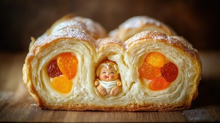 Traditional rosca de reyes cake with hidden figurine and colorful dried fruit toppings, epiphany celebration