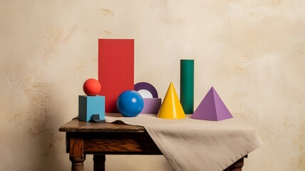 Vintage scene with geometric objects casting shadows on a wooden table