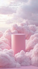 A pink cloud filled sky with a pink cube in the middle